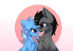 Size: 2560x1801 | Tagged: safe, artist:lunylin, derpibooru import, trixie, oc, pony, unicorn, blushing, canon x oc, chest fluff, female, male, smiling, straight