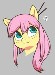 Size: 413x561 | Tagged: artist needed, safe, derpibooru import, fluttershy, pegasus, pony, aggie.io, alternate hairstyle, bust, cute, female, gray background, hair accessory, mare, shyabetes, simple background, solo