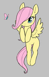 Size: 319x501 | Tagged: artist needed, safe, derpibooru import, fluttershy, butterfly, pegasus, pony, aggie.io, blank flank, cute, female, filly, filly fluttershy, flying, foal, gray background, hair over one eye, hooves to the chest, shyabetes, simple background, solo, spread wings, wings, younger