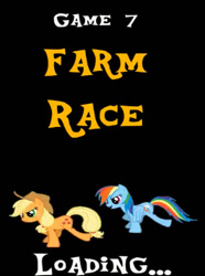 Size: 381x513 | Tagged: safe, artist:jbm-deviantart, derpibooru import, applejack, rainbow dash, earth pony, pegasus, pony, applejack's hat, clothes, cowboy hat, female, game, hat, mare, rainbow.exe, running, smiling, text, title card, youtube link