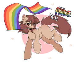 Size: 1836x1500 | Tagged: safe, artist:butterbit, derpibooru import, oc, alicorn, earth pony, pegasus, pony, unicorn, commission, cute, flag, gay pride, pride, pride flag, running, solo, your character here