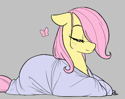 Size: 455x363 | Tagged: artist needed, safe, derpibooru import, fluttershy, butterfly, pegasus, pony, aggie.io, blanket, blanket burrito, cute, ears, eyes closed, female, floppy ears, gray background, hair over one eye, lying down, mare, prone, shyabetes, simple background, sleeping, smiling, solo