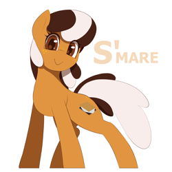 Size: 2400x2400 | Tagged: safe, artist:thebatfang, derpibooru import, oc, oc only, oc:s'mare, earth pony, pony, female, freckles, looking at you, mare, simple background, smiling, solo, text, white background