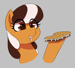 Size: 408x372 | Tagged: safe, artist:thebatfang, derpibooru import, oc, oc only, oc:s'mare, earth pony, pony, aggie.io, bust, cute, eating, female, food, gray background, hoof hold, mare, s'mores, simple background, smiling, solo