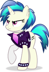 Size: 3072x4487 | Tagged: safe, artist:anime-equestria, derpibooru import, dj pon-3, vinyl scratch, pony, unicorn, alternate hairstyle, angry, belt, clothes, ear piercing, female, frown, full body, high res, hooves, horn, jacket, jewelry, mare, necklace, piercing, punk, raised hoof, raised leg, shadow, simple background, solo, spiked wristband, standing, transparent background, vector, wristband