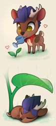 Size: 1500x3345 | Tagged: safe, artist:yakovlev-vad, derpibooru import, oc, oc:arny, deer, deer pony, original species, chibi, mouth hold, plant, solo, watering can