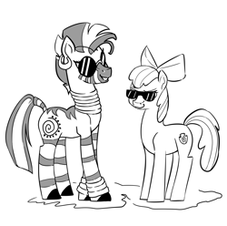 Size: 2894x2868 | Tagged: safe, artist:bluvsred, derpibooru import, apple bloom, zecora, earth pony, pony, zebra, bow, cutie mark, female, filly, foal, hair bow, monochrome, request, simple background, sunglasses, white background