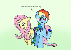 Size: 1912x1352 | Tagged: safe, artist:diaperdude, derpibooru import, fluttershy, rainbow dash, pegasus, pony, duo, duo female, female, frown, gradient background, mare, meme, offscreen character, open mouth, signature, talking, talking to viewer, toy car