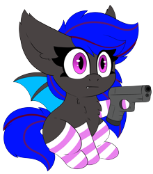 Size: 2369x2694 | Tagged: safe, artist:pegamutt, derpibooru import, oc, oc only, oc:ebony rose, bat pony, pony, chest fluff, chibi, clothes, commission, commissioner:wolfgangrd, ear tufts, eyelashes, fangs, gun, simple background, socks, striped socks, transparent background, weapon