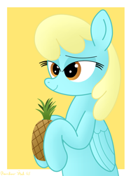 Size: 3016x4032 | Tagged: safe, artist:rainbowšpekgs, derpibooru import, sassaflash, pegasus, pony, bust, female, food, mare, pineapple, smiling, solo, that pony sure does love pineapples, wings