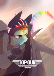 Size: 2000x2800 | Tagged: safe, artist:chapaevv, derpibooru import, lightning dust, female, film poster, jet, jet fighter, ocean, patreon, patreon reward, plane, poster parody, solo, solo female, sonic rainboom, top gun, water