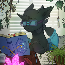 Size: 2480x2480 | Tagged: safe, artist:sinrinf, derpibooru import, oc, oc:tarsi, changeling, pony, book, bust, commission, glasses, plant, solo, studying, ych example, ych result, your character here