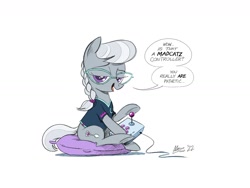 Size: 1600x1200 | Tagged: safe, artist:mellodillo, derpibooru import, silver spoon, earth pony, pony, controller, dialogue, female, filly, foal, joystick, lidded eyes, looking at you, pillow, simple background, sitting, smug, solo, speech bubble, talking to viewer, white background