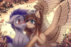 Size: 3700x2480 | Tagged: safe, artist:fenwaru, derpibooru import, oc, oc:ondrea, oc:thunder run, bat pony, pegasus, pony, blushing, boop, cuddling, cute, nose wrinkle, shocked, spread wings, warm, warm sun, wings