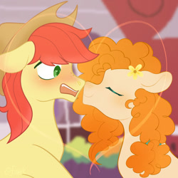 Size: 1280x1280 | Tagged: safe, artist:fourteennails, derpibooru import, bright mac, pear butter, blushing, blushing profusely, boop, brightbutter, canon ship, duo, embarrassed, eyes closed, female, flower, flower in hair, heart, male, mare, noseboop, nuzzling, shipping, stallion, straight