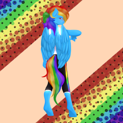 Size: 2048x2048 | Tagged: safe, artist:kikonoraster, derpibooru import, rainbow dash, anthro, pegasus, unguligrade anthro, blushing, clothes, equestria girls outfit, female, from behind, leggings, looking at you, looking back, looking back at you, smiling, solo, tanktop