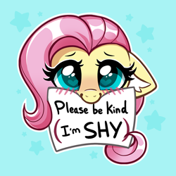 Size: 2000x2000 | Tagged: safe, artist:confetticakez, derpibooru import, fluttershy, pegasus, pony, blue background, blushing, cute, ears, female, floppy ears, heart eyes, mare, message, mouth hold, puppy dog eyes, shy, shyabetes, sign, simple background, solo, stars, wingding eyes