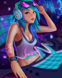 Size: 1890x2362 | Tagged: safe, artist:vicejpeg, derpibooru import, dj pon-3, vinyl scratch, human, bra, breasts, clothes, female, headphones, humanized, looking at you, midriff, rave, signature, smiling, solo, sunglasses, tanktop, tattoo, turntable, underwear