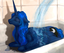 Size: 1574x1319 | Tagged: safe, artist:lusille, derpibooru import, princess luna, alicorn, pony, fanfic:moon rise, :t, bath, bathroom, bathtub, beautiful, butt fluff, chest fluff, cute, ear fluff, ears, ethereal mane, eyes closed, fanfic, fanfic art, female, floppy ears, fluffy, leg fluff, lunabetes, lying down, mare, missing accessory, prone, relaxing, shoulder fluff, shower, smiling, solo, starry mane, water, wet, wet mane, wing fluff, wings