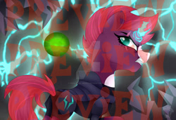 Size: 1280x876 | Tagged: safe, artist:bookieverse-nextgen, artist:pure-blue-heart, derpibooru import, fizzlepop berrytwist, storm king, tempest shadow, my little pony: the movie, armor, bookieverse, deviantart watermark, female, headcanon, lightning, magic, mare, obsidian orb, obtrusive text, obtrusive watermark, print, redesign, shading, wallpaper, watermark