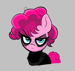 Size: 739x697 | Tagged: safe, artist:_ton618_, derpibooru import, pinkie pie, earth pony, pony, aggie.io, batman, clothes, dc comics, eyeshadow, female, frown, gray background, lidded eyes, makeup, mare, simple background, solo, suit, the batman