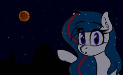 Size: 578x352 | Tagged: safe, artist:seafooddinner, derpibooru import, oc, oc only, oc:nasapone, earth pony, pony, :o, ear fluff, ears, female, full moon, looking at you, mare, moon, night, open mouth, pointing, sky, solo, stars