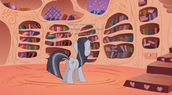 Size: 4000x2221 | Tagged: safe, artist:the smiling pony, artist:wardex101, derpibooru import, twilight sparkle, unicorn twilight, pony, unicorn, book, butt, discorded, discorded twilight, golden oaks library, inkscape, library, text, twibutt, twilight tragedy, vector