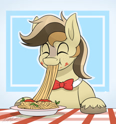 Size: 2800x3000 | Tagged: safe, artist:kaylerustone, derpibooru import, oc, oc only, oc:place holder, earth pony, pony, bowtie, eating, eyes closed, food, male, pasta, plate, simple background, smiling, spaghetti, stallion, table