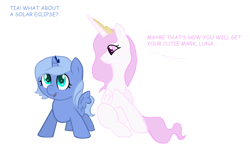 Size: 3000x1728 | Tagged: safe, artist:watertribekayla, derpibooru import, princess celestia, princess luna, alicorn, pony, crown, dialogue, female, filly, foal, horn, jewelry, mare, pink-mane celestia, regalia, s1 luna, simple background, sitting, smiling, speech bubble, spread wings, text, transparent background, wings, woona, young luna, younger