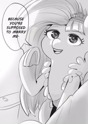 Size: 1528x2160 | Tagged: safe, artist:applephil, derpibooru import, kerfuffle, pony, bronybait, horseshoes, manga, marriage, monochrome, raised hoof, raised leg, speech bubble