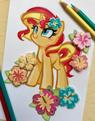 Size: 2553x3247 | Tagged: safe, artist:emberslament, artist:maren, derpibooru import, sunset shimmer, pony, unicorn, collaboration, colored pencil drawing, cute, female, flower, flower in hair, heart eyes, hibiscus, looking up, mare, photo, shimmerbetes, traditional art, wingding eyes