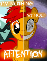 Size: 791x1010 | Tagged: safe, artist:yuitripfag, derpibooru import, oc, oc only, oc:blaze, pony, unicorn, female, horn, insanity, mare, smiling, text, two sides