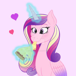 Size: 1920x1920 | Tagged: safe, artist:cherrycandi, derpibooru import, princess cadance, alicorn, pony, colored wings, cute, deviantart watermark, eating, female, floating heart, food, glowing, glowing horn, gradient wings, heart, horn, levitation, magic, obtrusive watermark, peetzer, pineapple pizza, pizza, simple background, solo, telekinesis, that pony sure does love pizza, watermark, wings