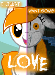 Size: 770x1038 | Tagged: safe, artist:yuitripfag, derpibooru import, oc, oc only, oc:sunny day, earth pony, pony, ears, female, floppy ears, insanity, mare, shrunken pupils, smiling, text, two sided posters, two sides