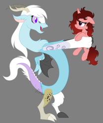 Size: 3000x3600 | Tagged: safe, artist:feather_bloom, derpibooru import, oc, oc:feather_bloom, oc:paige scribble(kaitykat), draconequus, pony, unicorn, holding a pony, holding up, simple background, species swap