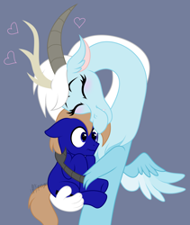 Size: 2274x2696 | Tagged: safe, artist:feather_bloom, derpibooru import, oc, oc:blue_skies, oc:feather_bloom, draconequus, earth pony, pony, blushing, butt touch, couple, heart, hug, nervous, species swap