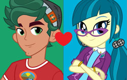 Size: 869x554 | Tagged: safe, derpibooru import, edit, edited screencap, screencap, juniper montage, timber spruce, equestria girls, legend of everfree, movie magic, spoiler:eqg specials, baubles, blue background, bracelet, camp everfree logo, camp everfree outfits, clothes, crack shipping, crossed arms, female, glasses, green background, green eyes, hair tie, hat, jewelry, juniperspruce, lapel pin, looking at you, male, official, pigtails, shipping, shipping domino, shirt, simple background, smiling, straight, twintails