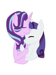 Size: 960x1280 | Tagged: safe, artist:rarityglimmer, derpibooru import, rarity, starlight glimmer, unicorn, curled mane, cute, eyes closed, female, lesbian, multicolored mane, pink coat, purple mane, shipping, simple background, smiling, starity, transparent background