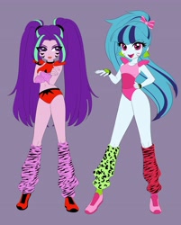 Size: 3293x4096 | Tagged: safe, artist:rileyav, derpibooru import, aria blaze, sonata dusk, equestria girls, arm warmers, clothes, cosplay, costume, crossed arms, crossover, duo, eye clipping through hair, female, fingerless gloves, five nights at freddy's, five nights at freddy's: security breach, glamrock chica, gloves, hand on hip, high res, hot pants, leg warmers, leotard, looking at you, midriff, open mouth, open smile, purple background, roxanne wolf, shoes, shoulder pads, simple background, smiling, smiling at you, sneakers, tongue, tongue out