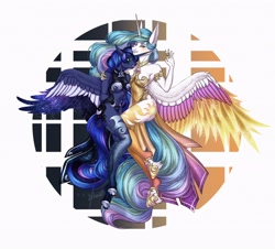 Size: 4434x4000 | Tagged: safe, artist:aqualit, derpibooru import, princess celestia, princess luna, alicorn, anthro, armlet, armor, breasts, colored wings, digital art, ear fluff, ears, ethereal wings, female, flowing mane, full body, hoof shoes, horn, jewelry, lidded eyes, looking at you, mare, multicolored wings, necklace, regalia, royal sisters, siblings, signature, simple background, sisters, spread wings, white background, wings