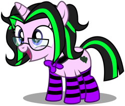 Size: 3330x2830 | Tagged: safe, artist:strategypony, derpibooru import, oc, oc only, oc:electric kisses, pony, unicorn, bowtie, clothes, cute, female, filly, foal, glasses, high res, horn, ocbetes, open mouth, open smile, shadow, simple background, smiling, socks, solo, striped mane, striped socks, transparent background, unicorn oc