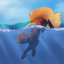 Size: 1280x1280 | Tagged: safe, artist:naughtyawoo, derpibooru import, oc, oc only, earth pony, pony, cloud, crepuscular rays, eyes closed, male, ocean, orange mane, signature, sky, smiling, solo, stallion, sunlight, swimming, underwater, water