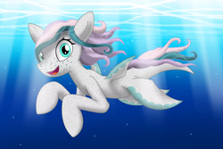 Size: 2998x2001 | Tagged: safe, artist:discorsaurus, derpibooru import, oc, oc only, hybrid, merpony, original species, seapony (g4), shark, shark pony, blue eyes, bubble, dorsal fin, female, fins, flowing mane, freckles, looking at you, mare, ocean, open mouth, open smile, request, smiling, solo, swimming, underwater, water