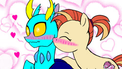 Size: 1280x720 | Tagged: safe, artist:gregory-the-griffon, derpibooru import, shimmy shake, oc, changedling, changeling, earth pony, blushing, canon x oc, heart, kiss on the cheek, kissing, shipping