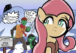 Size: 2388x1668 | Tagged: artist needed, safe, derpibooru import, fluttershy, oc, oc:anon, oc:anon filly, bear, earth pony, human, pegasus, pony, art pack:winter wrap pack, winter wrap up, clothes, coat, dialogue, female, filly, fluttershy is not amused, foal, hat, looking back, mare, open mouth, scarf, sign, snow, talking, this will end in death, this will end in pain, this will not end well, unamused, vest, warning sign, yelling