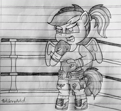 Size: 1280x1178 | Tagged: safe, artist:ct1443ae, derpibooru import, rainbow dash, pegasus, semi-anthro, boxing, boxing gloves, boxing ring, boxing shorts, clothes, lined paper, mouth guard, open mouth, pencil drawing, shoes, shorts, solo, sports, traditional art