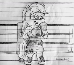 Size: 1280x1120 | Tagged: safe, artist:ct1443ae, derpibooru import, applejack, earth pony, semi-anthro, boxing, boxing gloves, boxing ring, boxing shorts, clothes, lined paper, mouth guard, open mouth, pencil drawing, shoes, shorts, solo, sports, traditional art