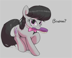 Size: 3674x3000 | Tagged: safe, artist:vultraz, derpibooru import, octavia melody, earth pony, pony, bowtie, brush, brushie, cute, female, gray background, hairbrush, looking at you, mare, mouth hold, raised hoof, raised leg, simple background, smiling, solo, tavibetes, text