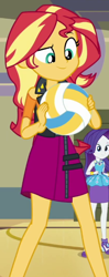 Size: 280x707 | Tagged: safe, derpibooru import, screencap, rarity, sunset shimmer, better together, do it for the ponygram!, equestria girls, cropped, rarity peplum dress, sports, volleyball