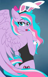 Size: 934x1500 | Tagged: safe, artist:lupulrafinat, derpibooru import, oc, oc only, anthro, pegasus, :p, bunny suit, clothes, cuffs (clothes), ear fluff, ears, female, gradient background, pegasus oc, smiling, solo, tongue, tongue out, wings